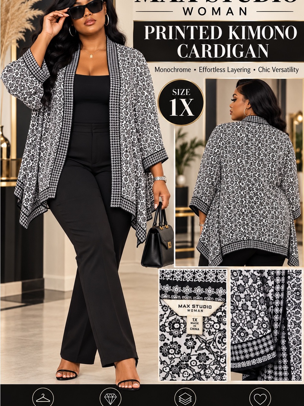 Max Studio Black & White Floral Print Kimono Cardigan sz 1X